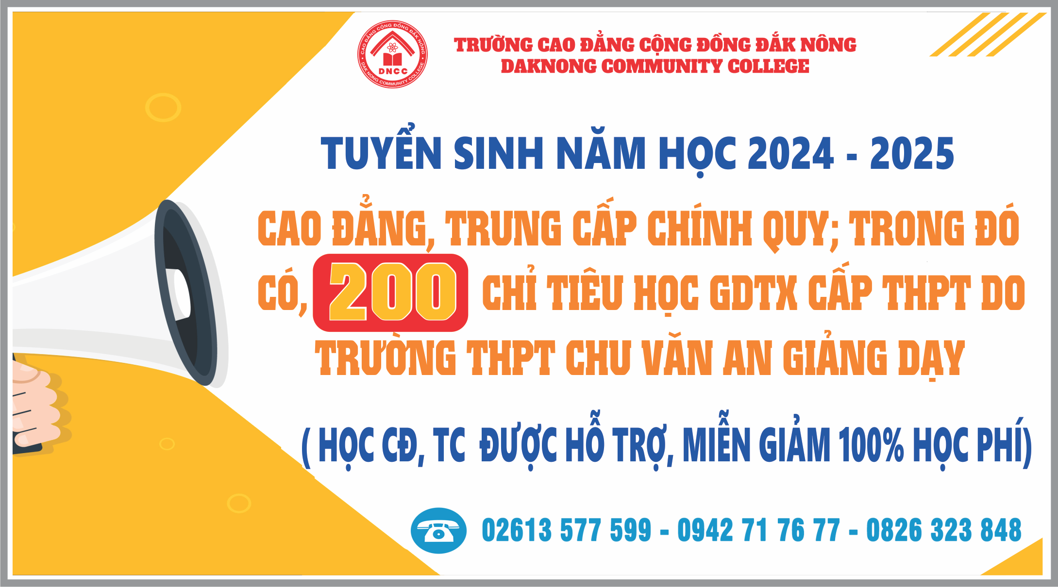 Trường Cao đẳng Cộng đồng Đắk Nông Miễn 100% học phí cho học sinh, sinh viên đăng ký học trung cấp, cao đẳng năm 2024